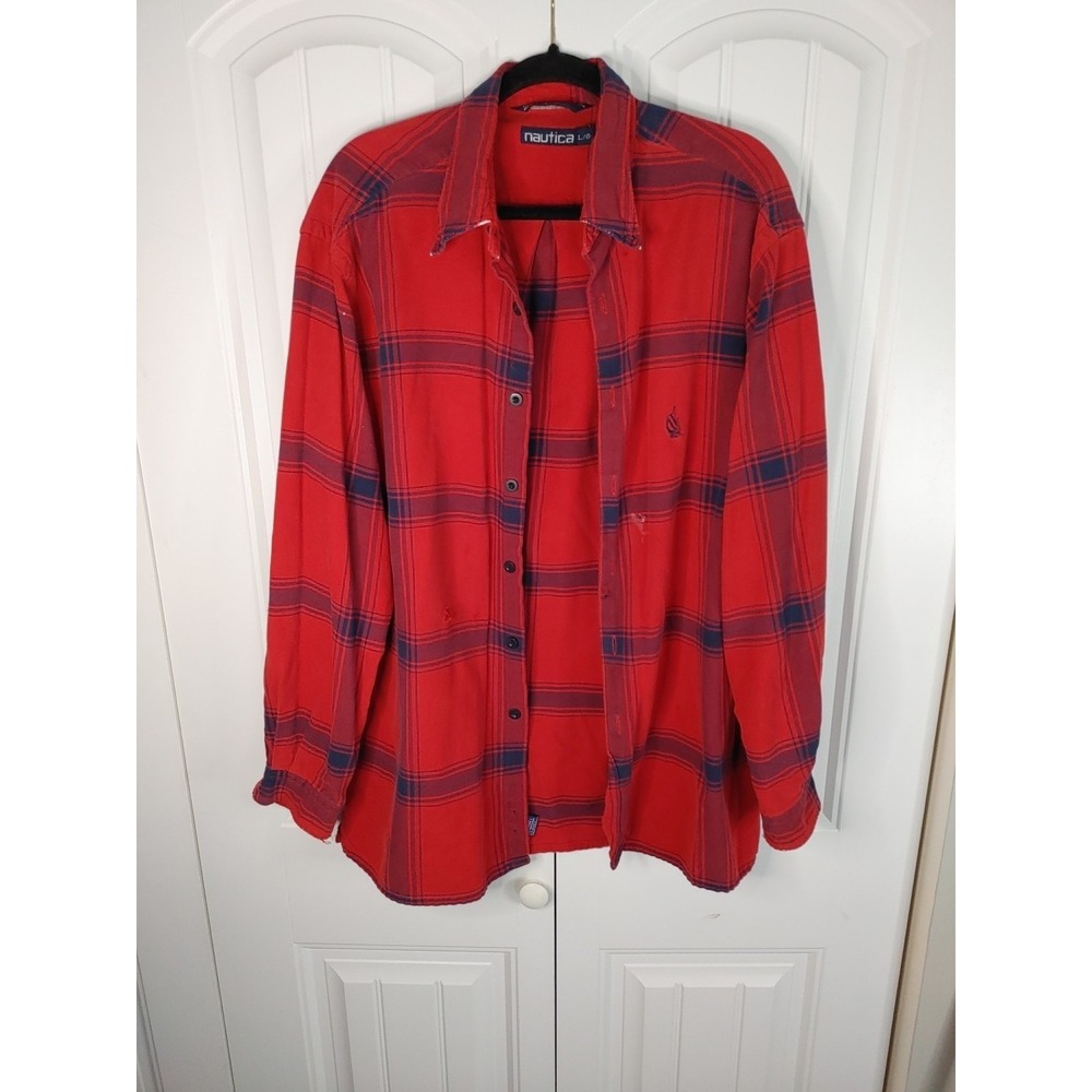 Vtg 90s Nautica Distressed Men's L Button Up Grunge well worn Thrashed Buffalo